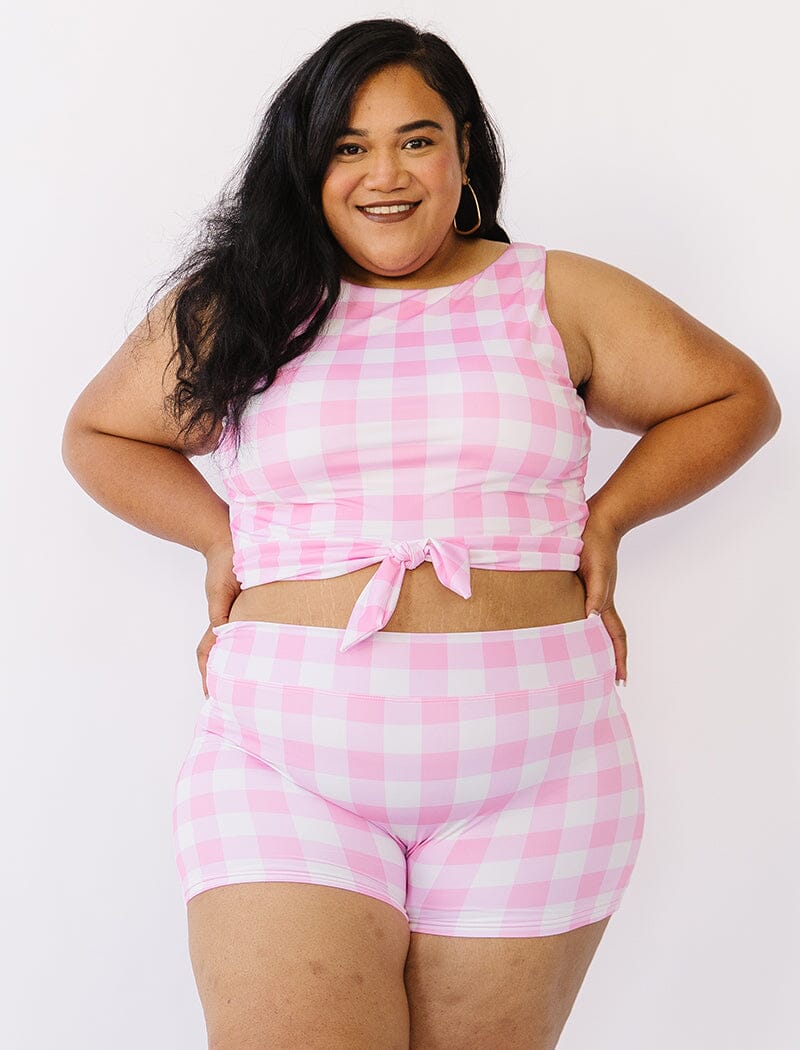 Pink Gingham High Waist Boy Short Swim Bottoms Lime Ricki
